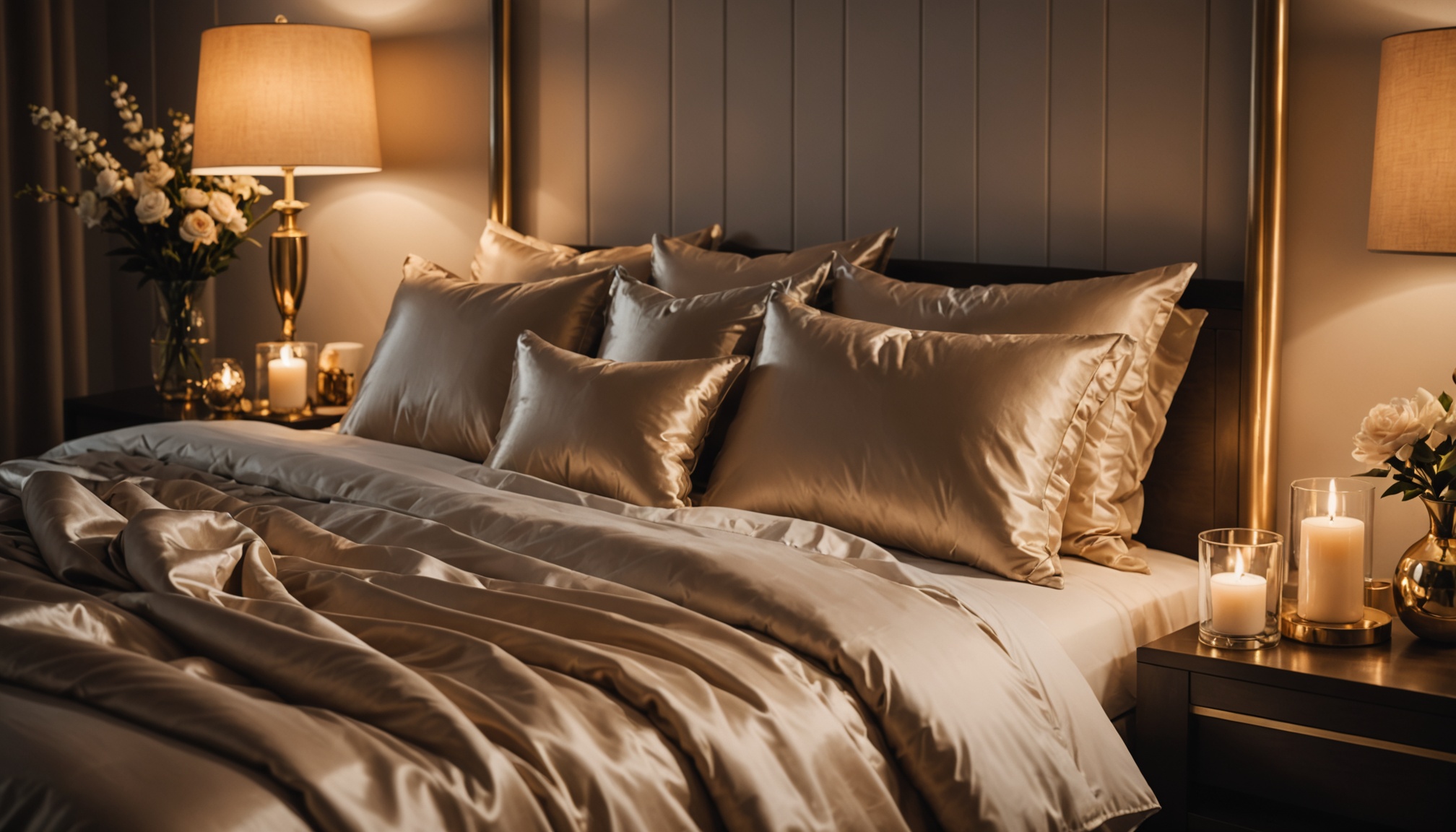 Ambiente de quarto luxuoso com produtos de autocuidado feminino e iluminação suave