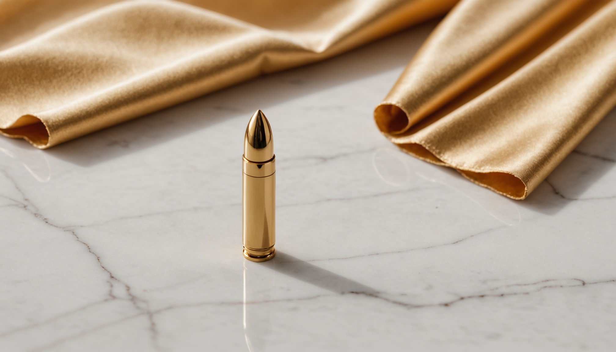 Bullet vibrador compacto sobre superfície de mármore com iluminação dourada suave