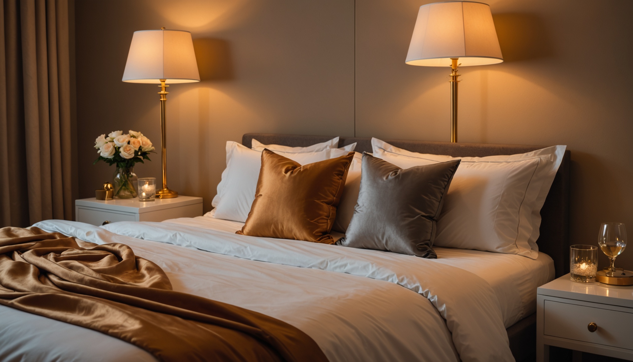 Quarto romântico com iluminação suave e lençóis de cetim para casal