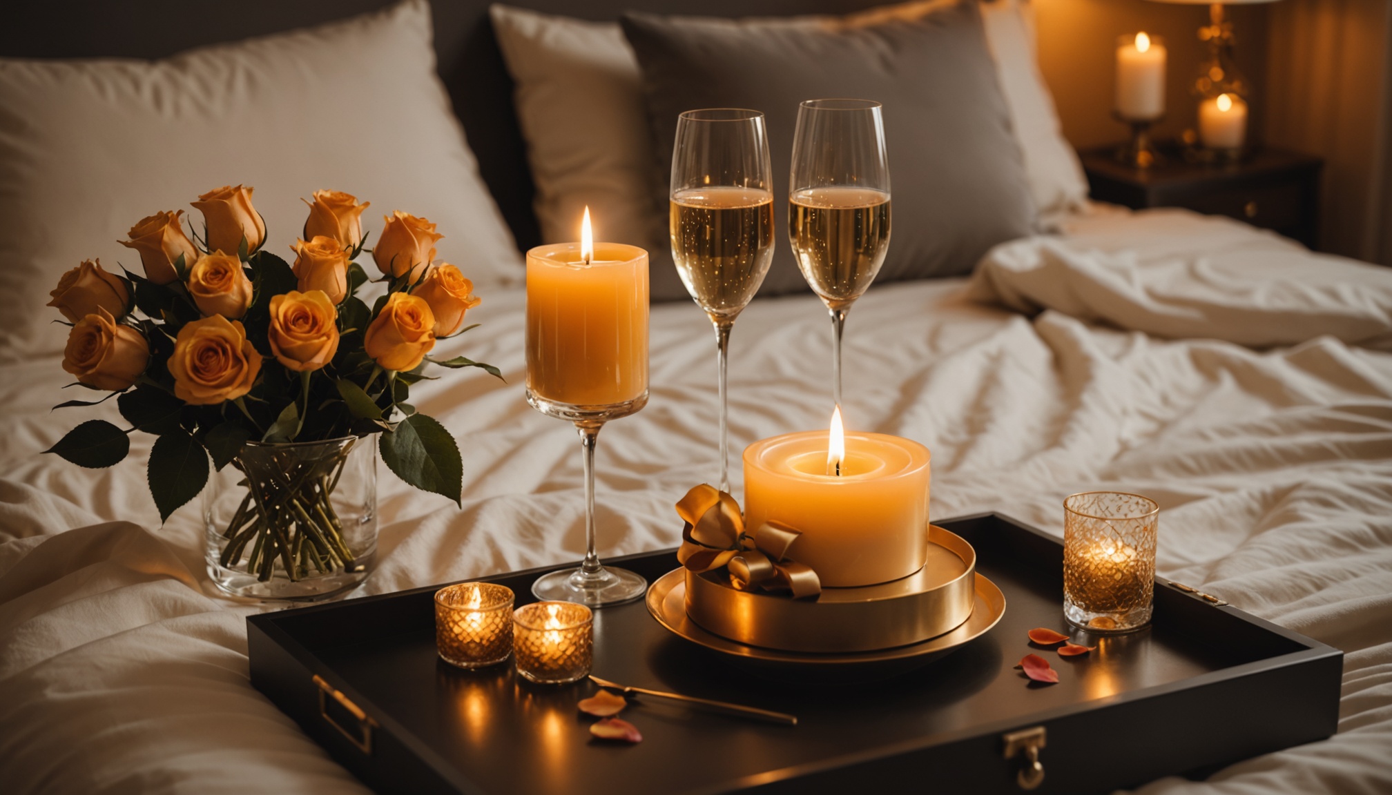 Quarto romântico decorado com velas, pétalas e taças de espumante para o Dia dos Namorados
