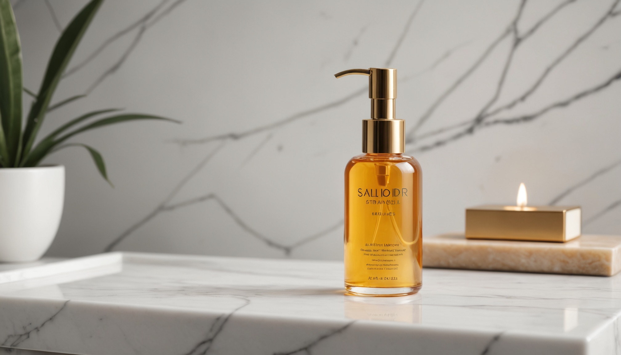 Gel excitante feminino sobre superfície de mármore branco com iluminação dourada suave