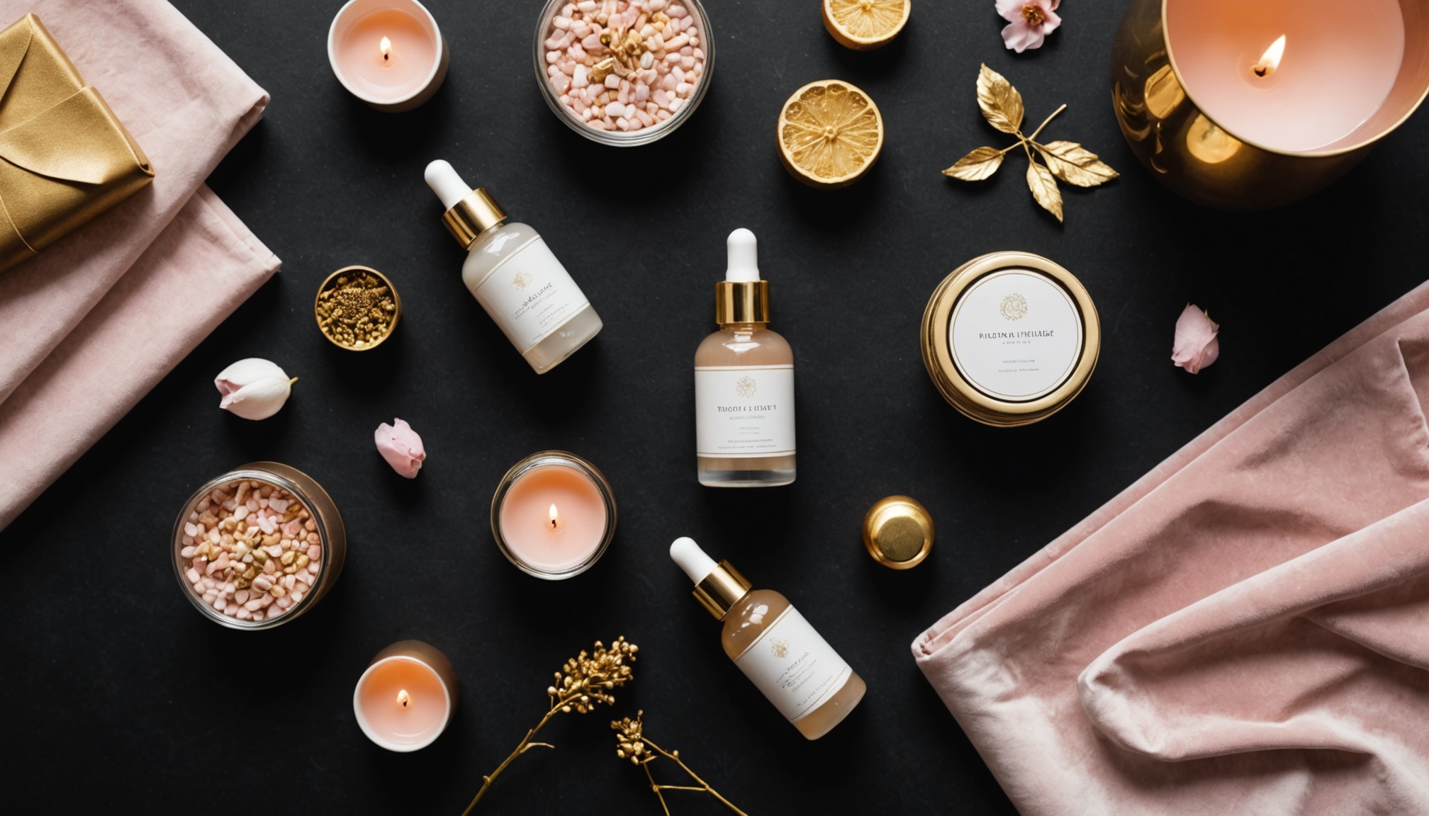 Produtos de bem-estar íntimo feminino dispostos com elegância sobre veludo escuro