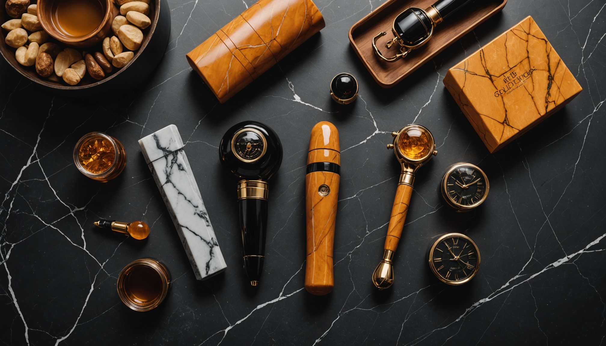 Produtos eróticos masculinos sobre superfície de mármore escuro com iluminação dourada