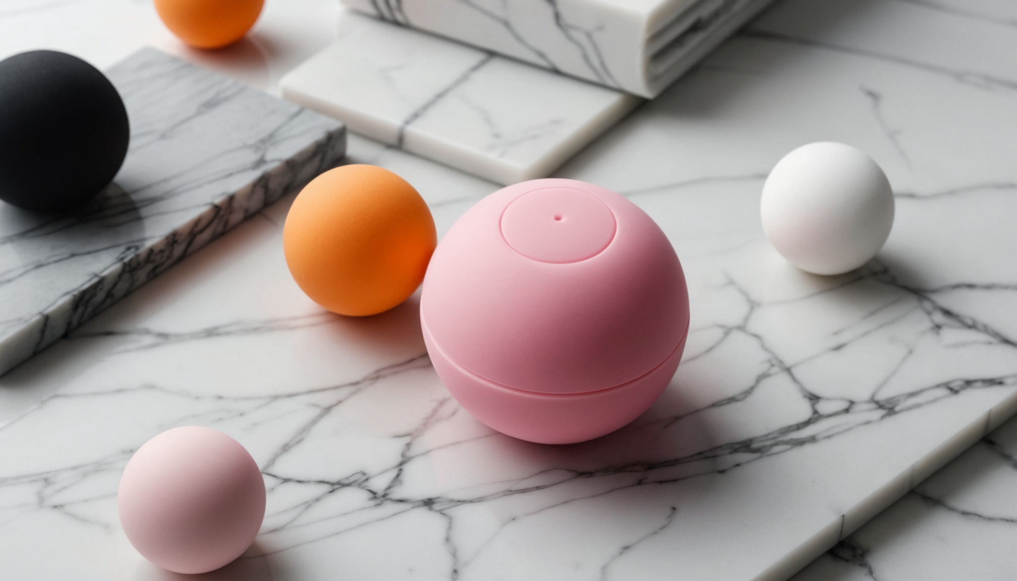 Produtos eróticos masculinos em silicone médico sobre mármore branco com iluminação suave