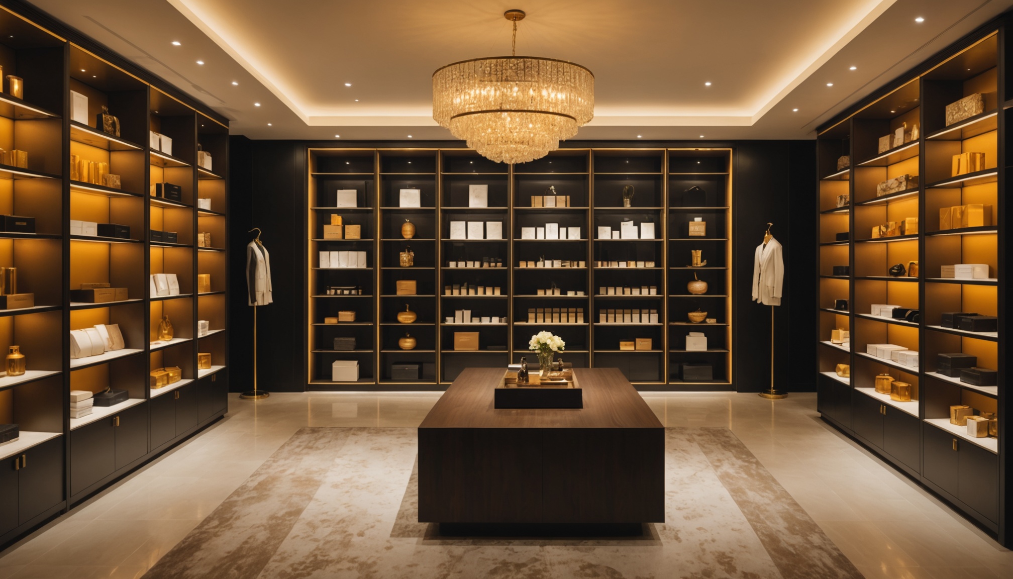 Interior de sexy shop moderna em Salvador com prateleiras elegantes e iluminação aconchegante