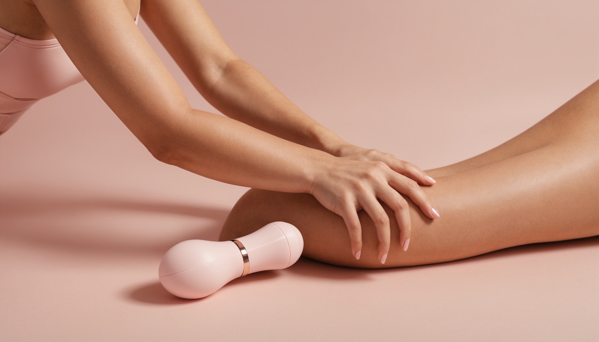 Vibrador feminino de silicone sobre superfície rosé com iluminação suave
